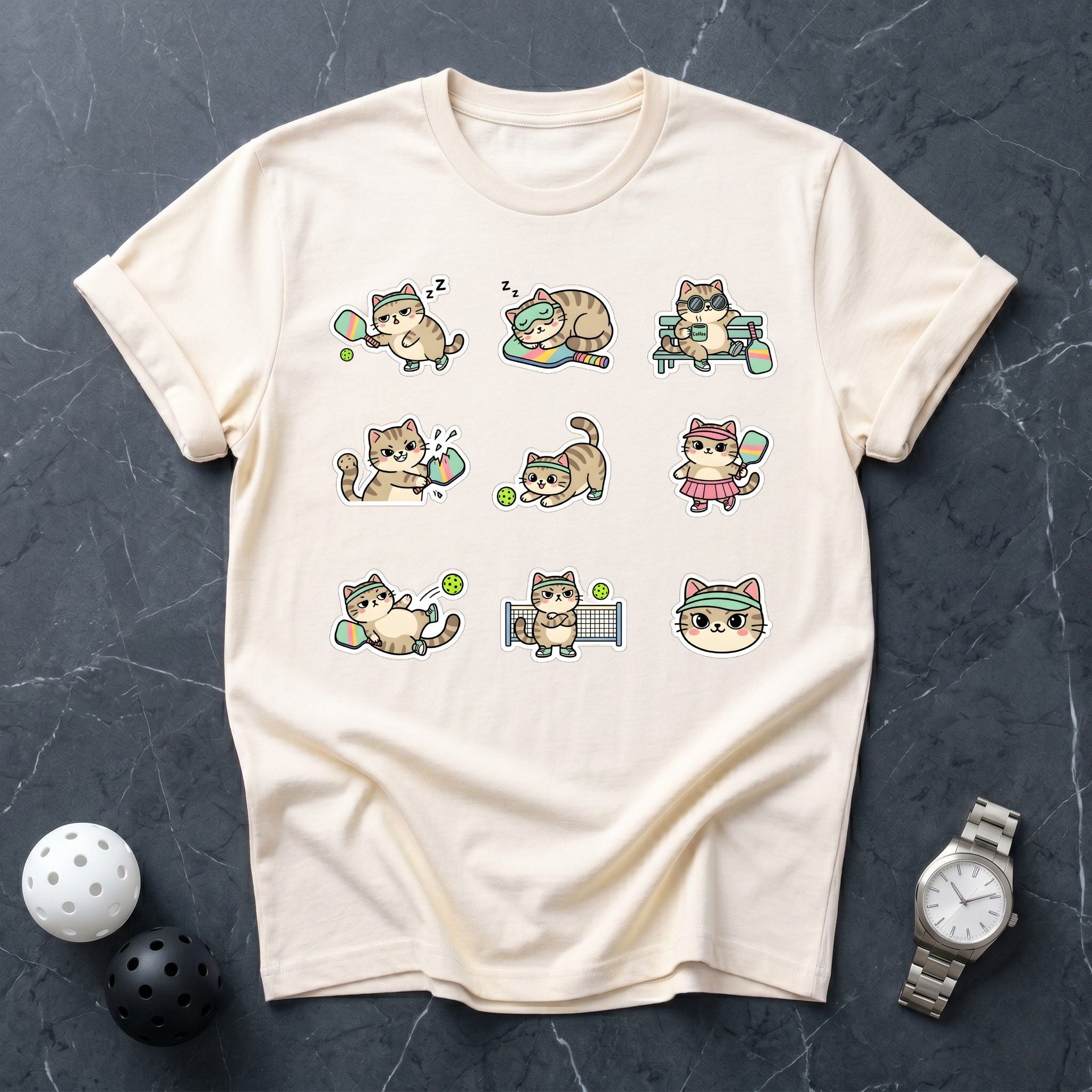 Funny Pickleball Cat Sticker Tee - Dink it Shop
