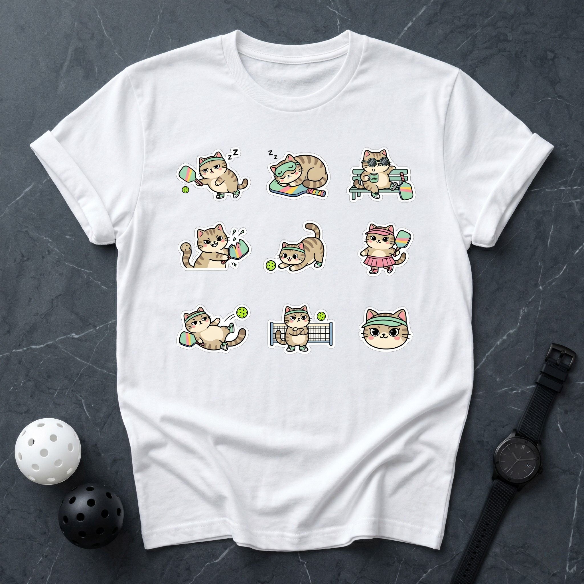 Funny Pickleball Cat Sticker Tee - Dink it Shop